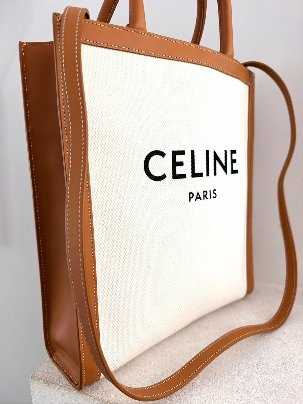 CELINE Small Vertical Cabas Natural Canvas Tan Leather Tote Crossbody